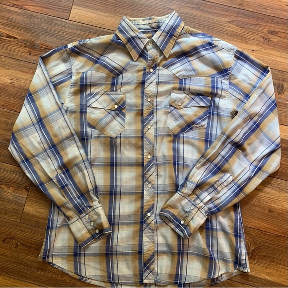 Wrangler Wrancher Pearl Snap Western Shirt Men’s Blue Plaid Size Large Cowboy - Picture 1 of 16